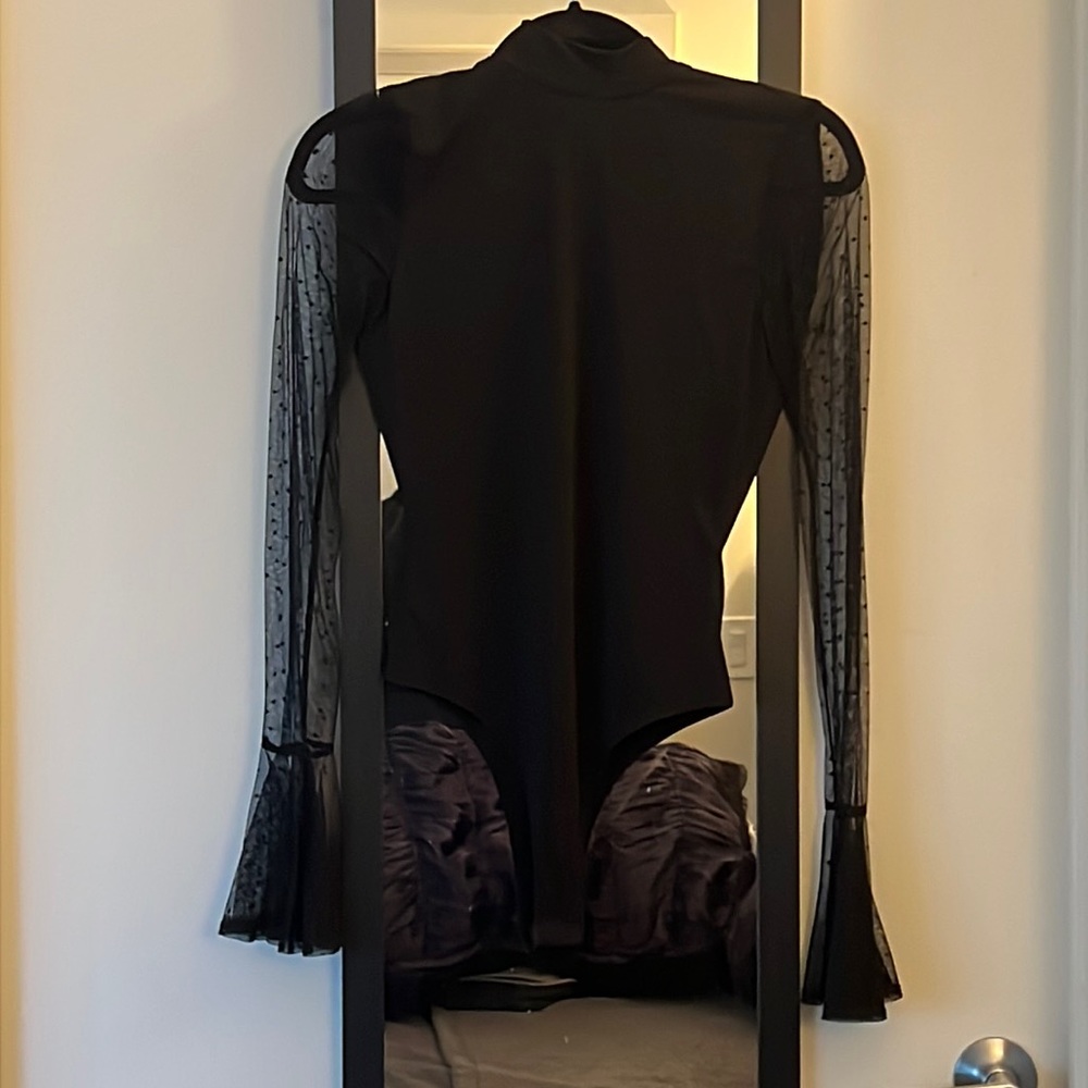 Fashion Nova Open Back Black Bodysuit long mesh sleeves with polka dots